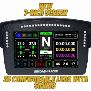 May include: Black Simdash Racer display with a 7-inch screen. The screen shows various data points, including lap times, fuel levels, and temperatures. It has 30 configurable LEDs and the text "Simhub".