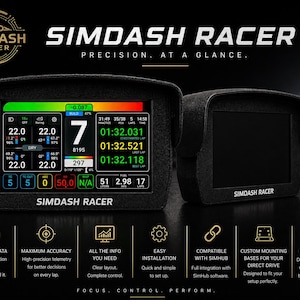 May include: Two black SimDash Racer displays. The left display shows real-time racing data with green, red, and white text. The right display is blank. Text on the displays includes "Precision. At a Glance."