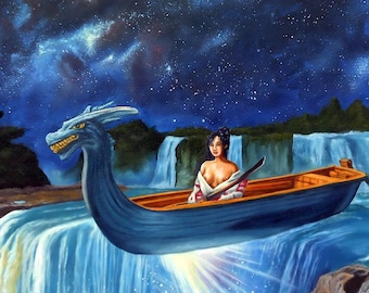 May include: A painting depicts a woman in a dragon-headed boat navigating a waterfall. The boat is blue with an orange interior. The background features a starry night sky, waterfalls, and lush green foliage. A black bird sits on a rock.