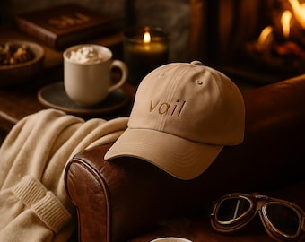 Vail Hat - Colorado Mountain Cap - Tan Luxury Embroidery - Ski Resort Baseball Hat - Alpine Gift