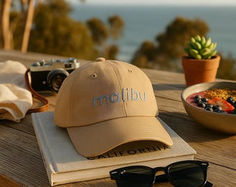 Malibu Hat - California Coastal Cap - Khaki Tonal Embroidery - Beach Luxury Baseball Hat - West Coast Gift