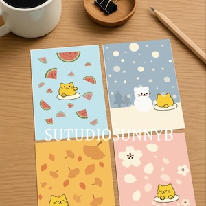 4 illustrierte Katzen Postkarten Set - (Digitaler Download)