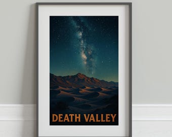 Póster del Valle de la Muerte de Noche: Arte mural vintage estilo WPA, paisaje desértico estrellado, Parque Nacional, descarga digital