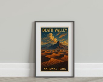 Póster del Valle de la Muerte durante el día: arte mural vintage estilo WPA, impresión de paisaje desértico, descarga digital del Parque Nacional