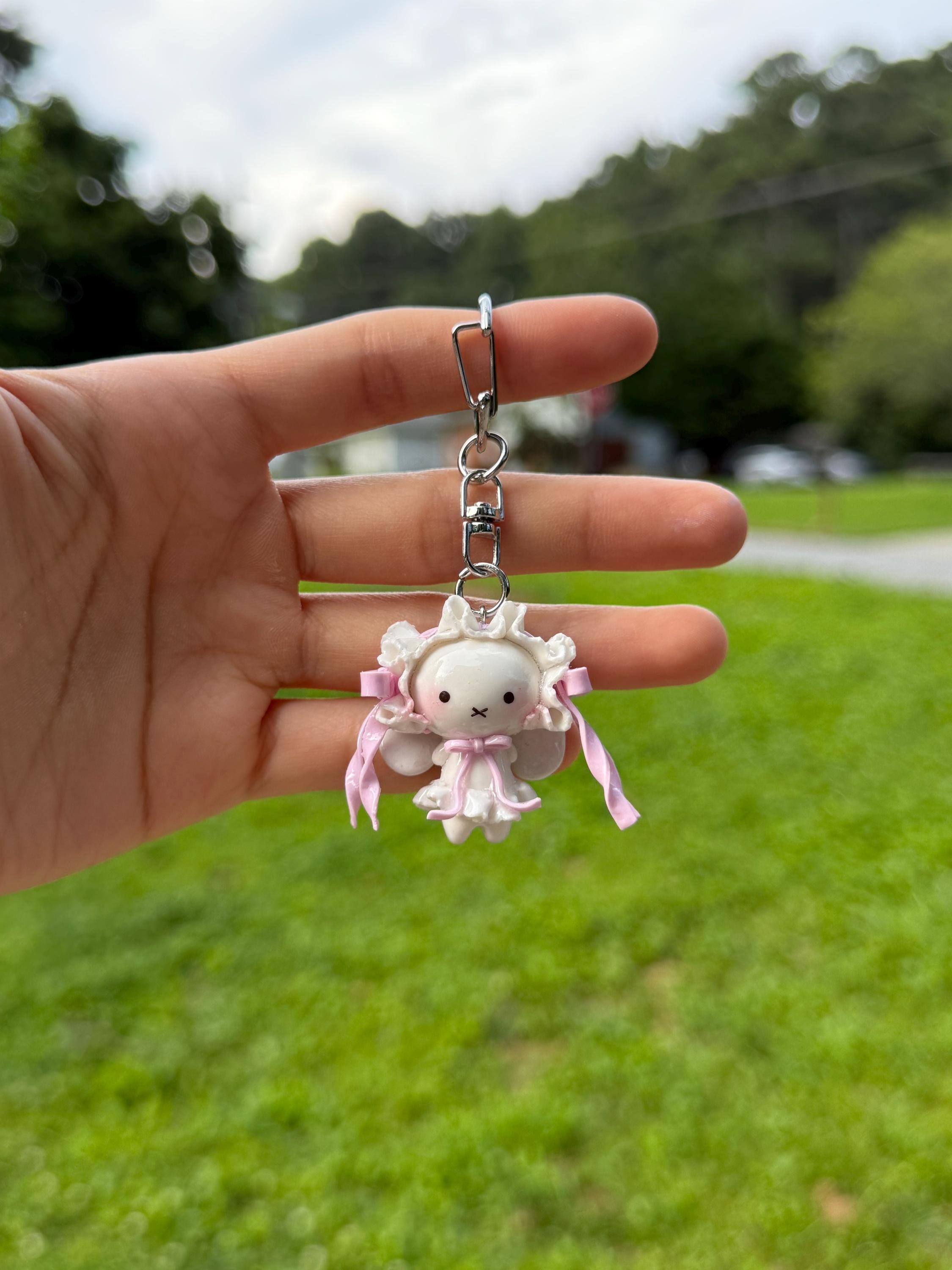 Cute Miffy Inspired Bunny Coquette Keychain With Bows in Bonnet