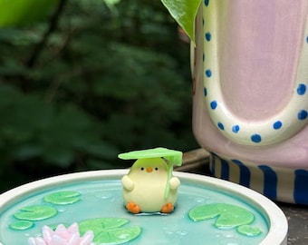 Cute Whimsical Duck Trinket Dish: Handmade Polymer Clay Art, Desk Decoration, Bowl for Necklaces Rings, Jewlery Holder, Rainy Day, Cozy Vibe