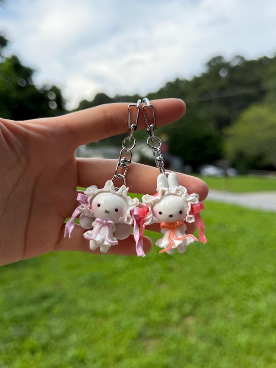Cute Miffy Inspired Bunny Coquette Keychain With Bows in Bonnet