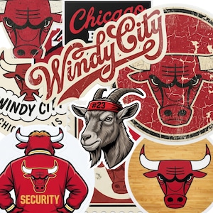 May include: A collection of stickers featuring the Chicago Bulls logo and related imagery. Designs include the team's bull head logo, the words "Windy City", and a goat wearing a headband with the number 23. The stickers are in red, white, and black.