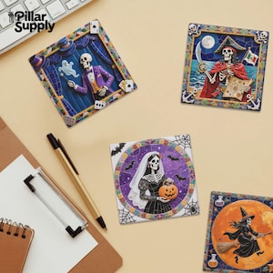 Halloween Untersetzer 4er Set, quadratische Untersetzer, gruselige Saison Untersetzer, Herbst Dekor Geschenk, Kürbis Geist Untersetzer, Halloween Party Favor