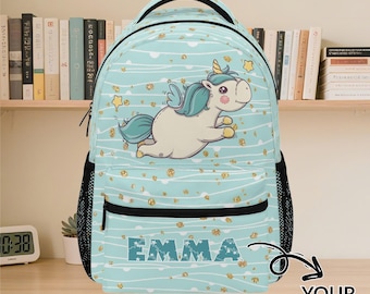 Aangepaste naam eenhoornrugzak voor meisjes – gepersonaliseerde schooltas met schattig vliegend eenhoornontwerp – boekentas voor kinderen voor kleuterschool of kleuterschool