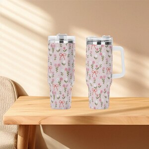 Cute Floral 40oz Tumbler, Pink Flower Insulated Mug with Handle and Straw, Cottagecore Drinkware Gift for Her, Stainless Steel Travel Cup