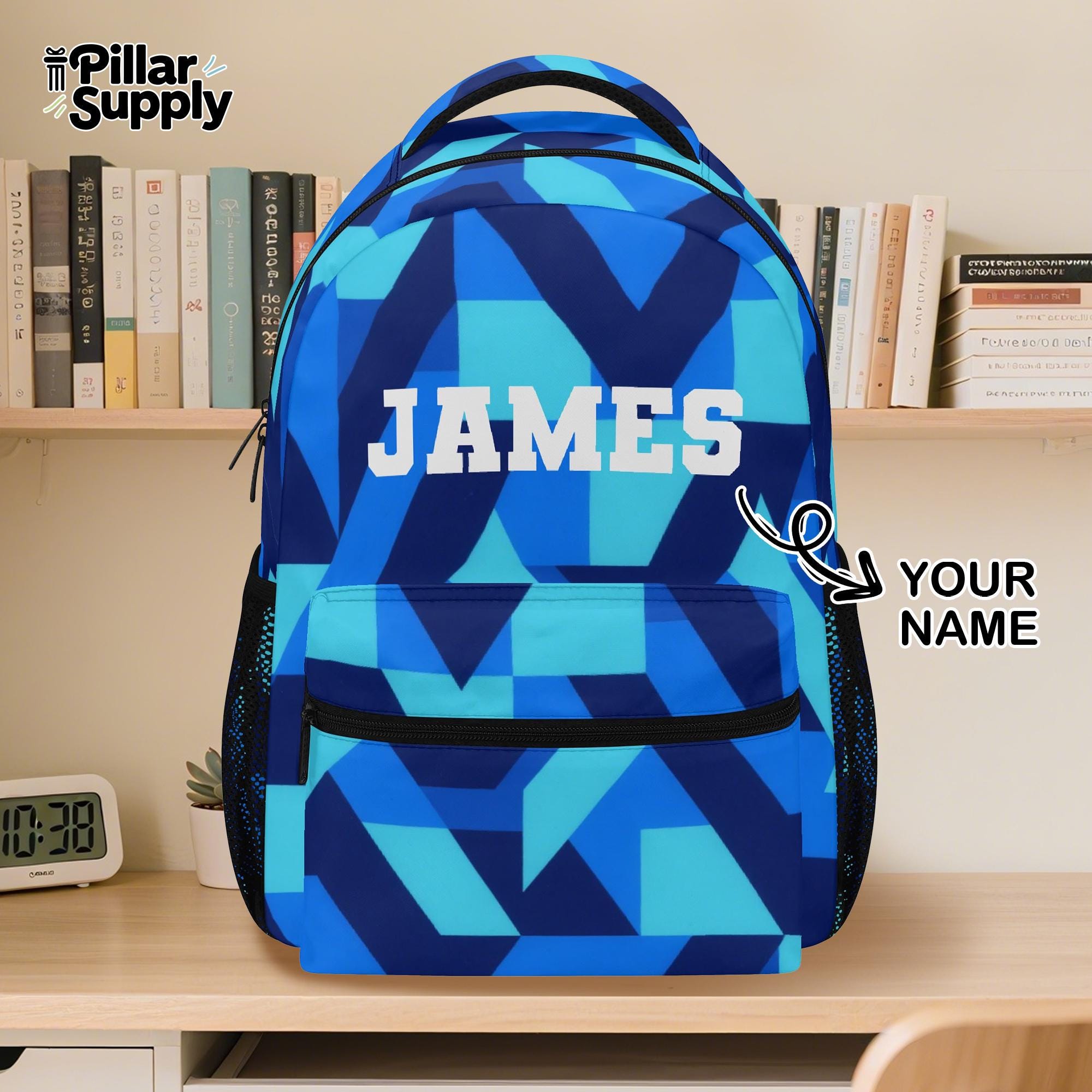 Personalized Boys Blue Geometric Backpack – Custom Name Back  display picture 1