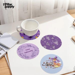 Halloween Ceramic Coaster Set: Witch, Pumpkin, Bat Designs
