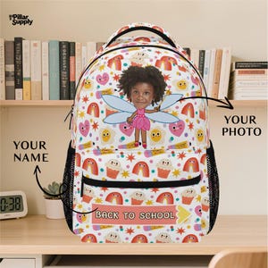 Personalized Fairy Backpack with Photo - Custom Name Bookbag for Girls – Magical Rainbow Back to School Gift