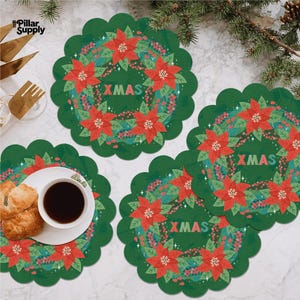 Set of 4 Christmas Placemats - Elegant Poinsettia Wreath Holiday Table Decor - Scalloped Festive Dining Mats for Winter