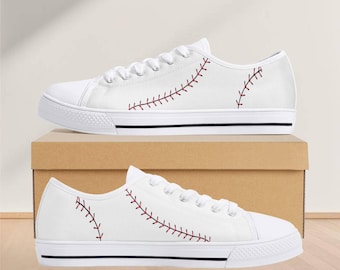 Baseball Stitch Shoes, White Canvas Low Top Sneakers, Baseball Mom Gift, Softball Coach Footwear, Sports Fan Gift