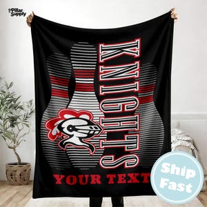 May include: Black blanket featuring a bowling pin design with red and white accents. The word "KNIGHTS" is displayed vertically in red and white, with space for custom text at the bottom. A team logo is also visible.