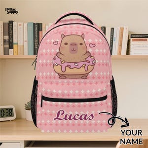 Custom Name Backpack for Kids – Cute Capybara Donut Design, Personalized Pink School Bag for Girls, Fun Kawaii Style Bookbag