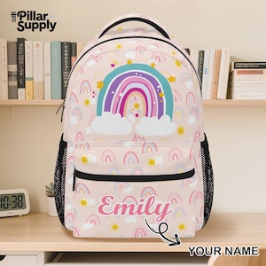 Personalized Rainbow Backpack – Custom Name Girls Bookbag with Pink Pastel Rainbows – Preschool or Kindergarten School Bag