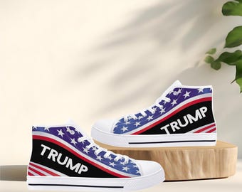 Trump 2025 High Top Shoes, Patriotic American Flag Sneakers, Political Statement Footwear, Conservative Style, Republican Gift, USA Trainers