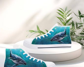 ザトウクジラのハイカットキャンバススニーカー、深海動物愛好家向けシューズ