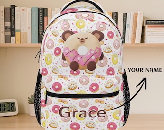 Custom Donut Bear Backpack – Personalized Kids Bookbag for Girls – Cute Name-Printed Bag for Preschool, Daycare or Kindergarten