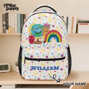 Colorful School Supplies Backpack – Custom Name Bookbag for Girls with Rainbow & Smiley Face – Preschool or Kindergarten Gift Idea