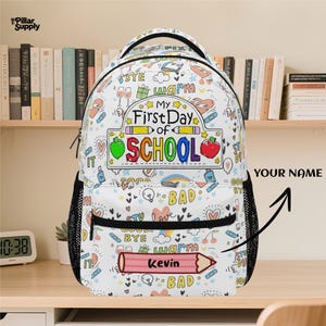 My First Day of School Personalized Backpack – Custom Name Kids Bag with Colorful School Doodles – Kindergarten or Preschool Gift
