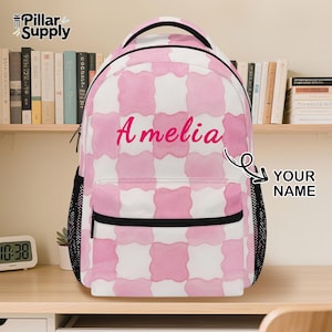 Pink Checkerboard Backpack for Girls – Personalized Bookbag with Name & Gingham Pattern – Great Back to School Gift for Preschoolers