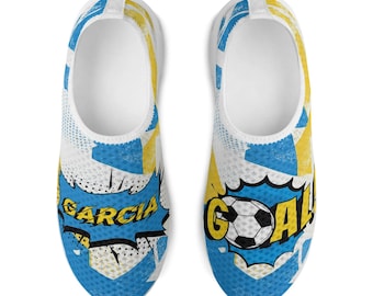 Custom Soccer Fan Shoes Personalized Name Number Blue Yellow Sneakers Lightweight Football Kit Slip On Athletic Comfort Footwear Fan Gift