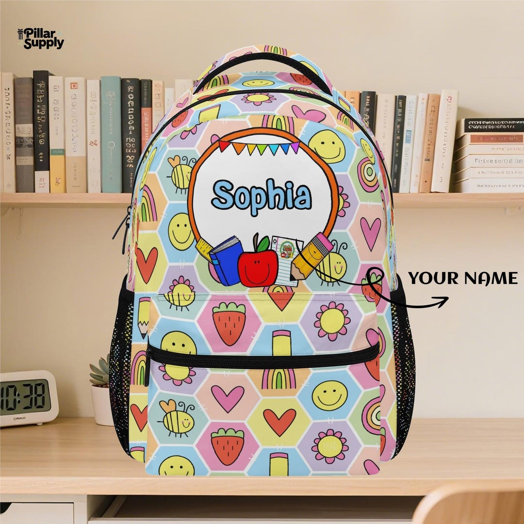 Back to School Personalized Backpack – Custom Name Kids Bag With Smiley ...