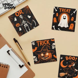 Halloween Coasters Set of 4, Square Coaster, Spooky Season Coasters, Fall Decor Gift, Witch Decor, Trick or Treat, Unique Housewarming Gift