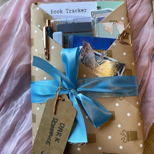 Op de afbeelding: Een ingepakt cadeau in bruin papier met witte stippen en gouden cadeau-ontwerpen, vastgebonden met een lichtblauw lint. Een label leest "Dark Romance". Een pen en andere items zijn zichtbaar. Het cadeau ligt op een roze ondergrond.