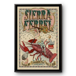 May include: A framed poster featuring the text Sierra Ferrell, Thompson's Point, Sept. 5, 2026. The illustration depicts a performer riding a large red lobster, holding a guitar, with two seals balancing on balls, all set against a star-patterned background.