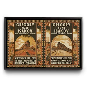 Op de afbeelding: Een rechthoekige concertposter met twee identieke panelen met de tekst Gregory Alan Isakov with the Colorado Symphony, Red Rocks Amphitheatre, Morrison, Colorado, voor 6 en 7 september 2026, tegen een landschap in warme tinten.