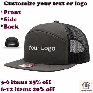May include: A charcoal gray trucker hat with a mesh back and a flat brim. The front panel displays the text "Your Logo" in white. Additional text includes "Customize your text or logo", "*Front", "*Side", "*Back".