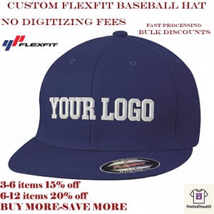 May include: A navy blue Flexfit baseball hat with the text "YOUR LOGO" in white. The hat has a curved brim and a Flexfit label. The image also includes text that reads "CUSTOM FLEXFIT BASEBALL HAT" and "NO DIGITIZING FEES."
