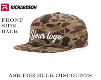 Richardson 256P Camo Printed Umpqua Hat, Custom Embroidered Flat Bill Trucker Cap, 5 Panel Snapback Mesh Hat