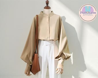 Band Kragen Bluse: Puff-Sleeve Button-Down Chic Workwear