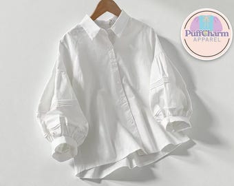 Camisa abotonada de manga globo / Blusa con cuello y puños plisados