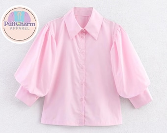 Fashionable Puff Buttoned Blouse | Flared Half-Sleeve Collared Shirt | Soft Lightweight Top | Casual Workday Office Wear