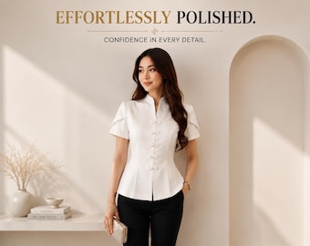 Women Puff Sleeve Blouse, Stand Collar Frog Button Shirt, Chic Short Sleeve Top, Elegant Single Breasted Casual Party Wear