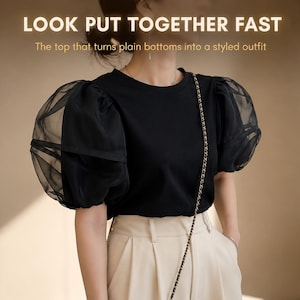 Organza Puff Sleeve Top | Round Neck Blouse | Black White Statement Shirt