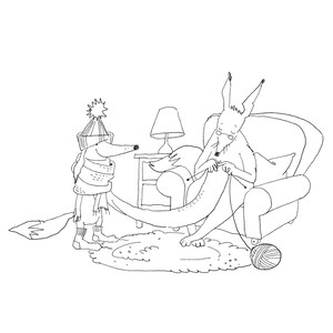 Printable colouring page Knitting Fox Granny