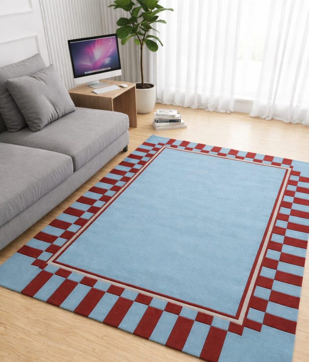 Light Blue Checkered Border Rug – Modern Geometric Area Carpet With Red ...