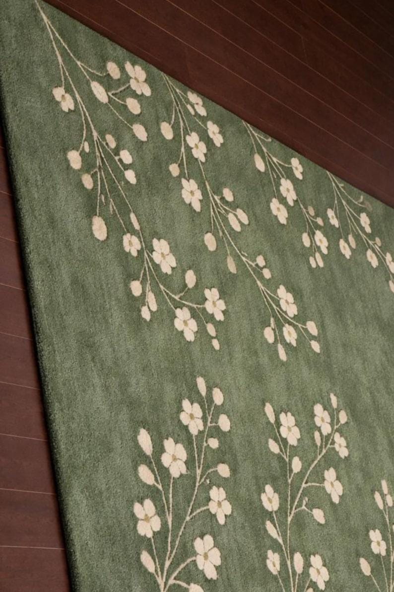 Sage Green Floral Area Rug, Modern Botanical Living Room Carpet, Nature ...