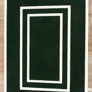 Hand-Tufted Geometric Rug: Deep Green & Ivory Art Deco Carpet