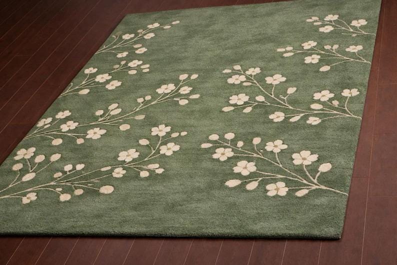 Sage Green Floral Area Rug, Modern Botanical Living Room Carpet, Nature ...