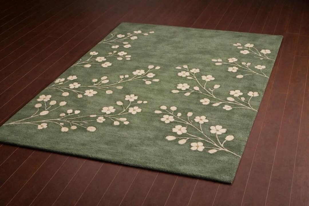 Sage Green Floral Area Rug, Modern Botanical Living Room Carpet, Nature ...