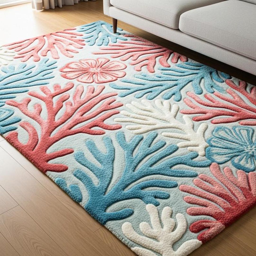 Coastal Coral Area Rug, Ocean Inspired Blue Pink Carpet, Beach House ...